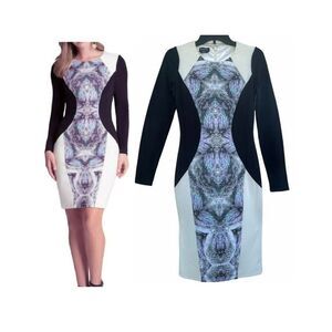 NWT‎ Bebe Women's Small/ Color Block Bodycon Dress Crew Neck L/S Geometric Print
